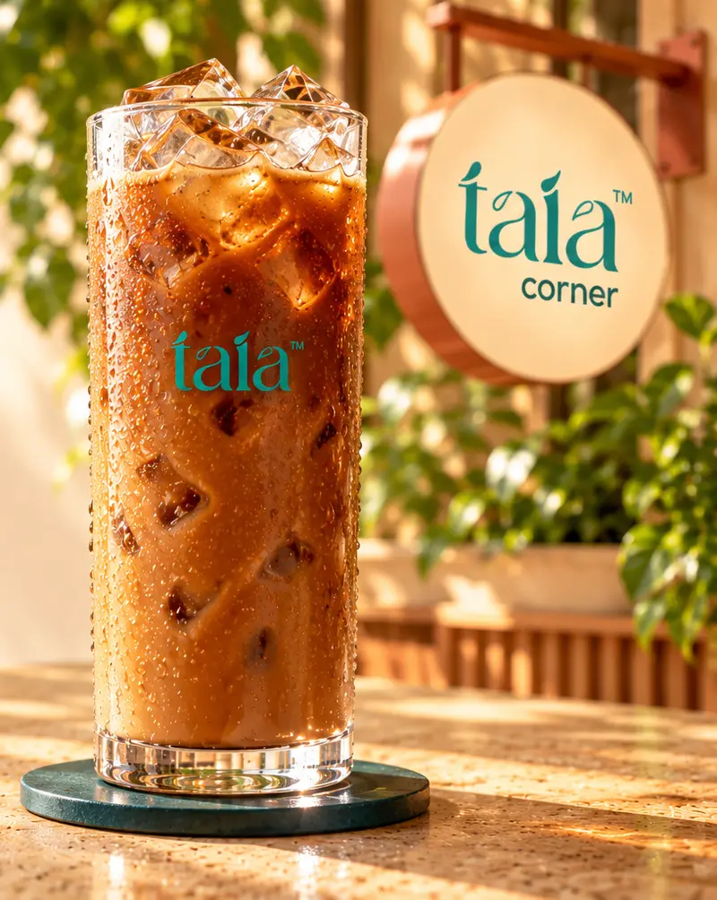 Tall iced coffee next to a taia Corner sign